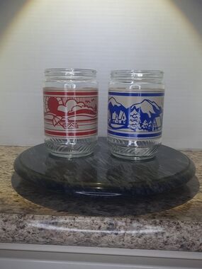Set of 2 Vintage Anchor Hocking Glass Jars with Scenic Prints